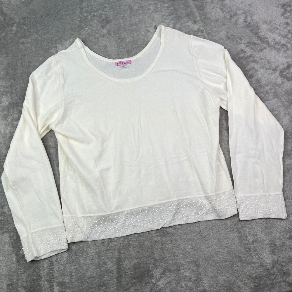 Sigrid Olsen Beaded Hem Sweater Womens XL Cream Solid Long Sleeve Scoop Neck